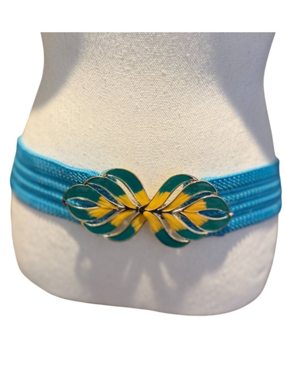 Vintage Teal Elastic Statement Belt Feather Buckle Boho Festival FairyCore 80s